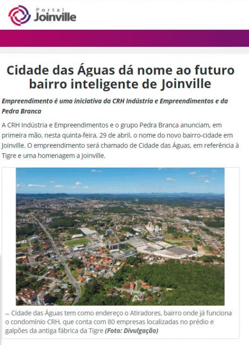 Cidade das Águas dá nome ao futuro bairro inteligente de Joinville