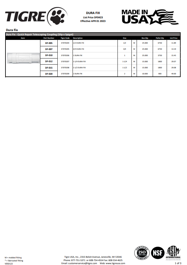 Dura fix price lists tigre usa
