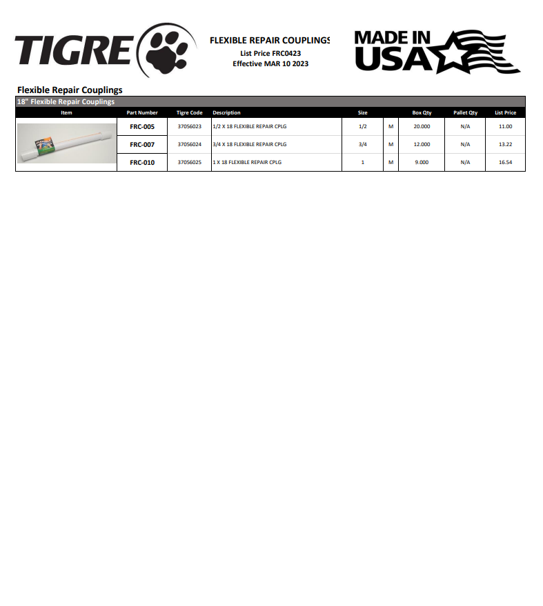 Flexible Repair Couplings Price List