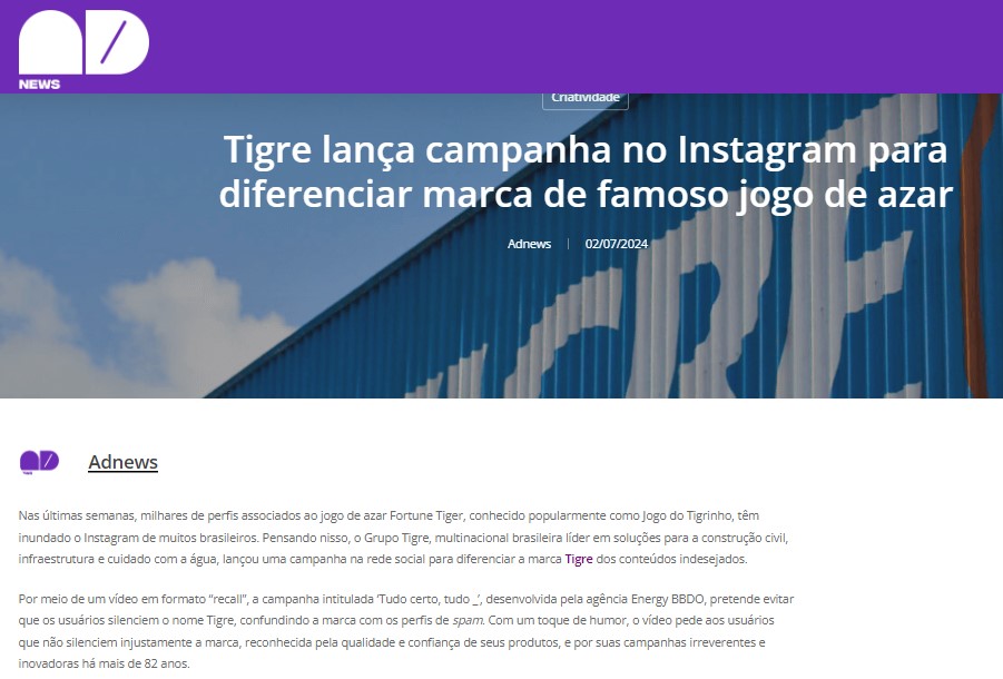 Adnews - Tigre lança campanha no Instagram para diferenciar marca de famoso jogo de azar