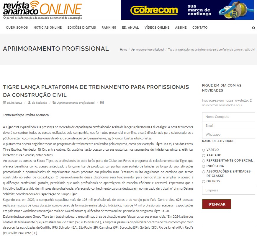 Revista Anamaco - Tigre lança plataforma de treinamento para profissionais da construção civil